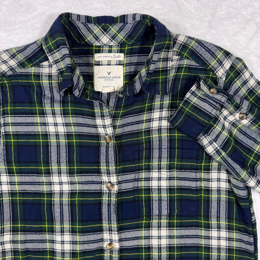 American Eagle AEO Amazingly Soft Boyfriend Fit Plaid Flannel Women's XS Blue